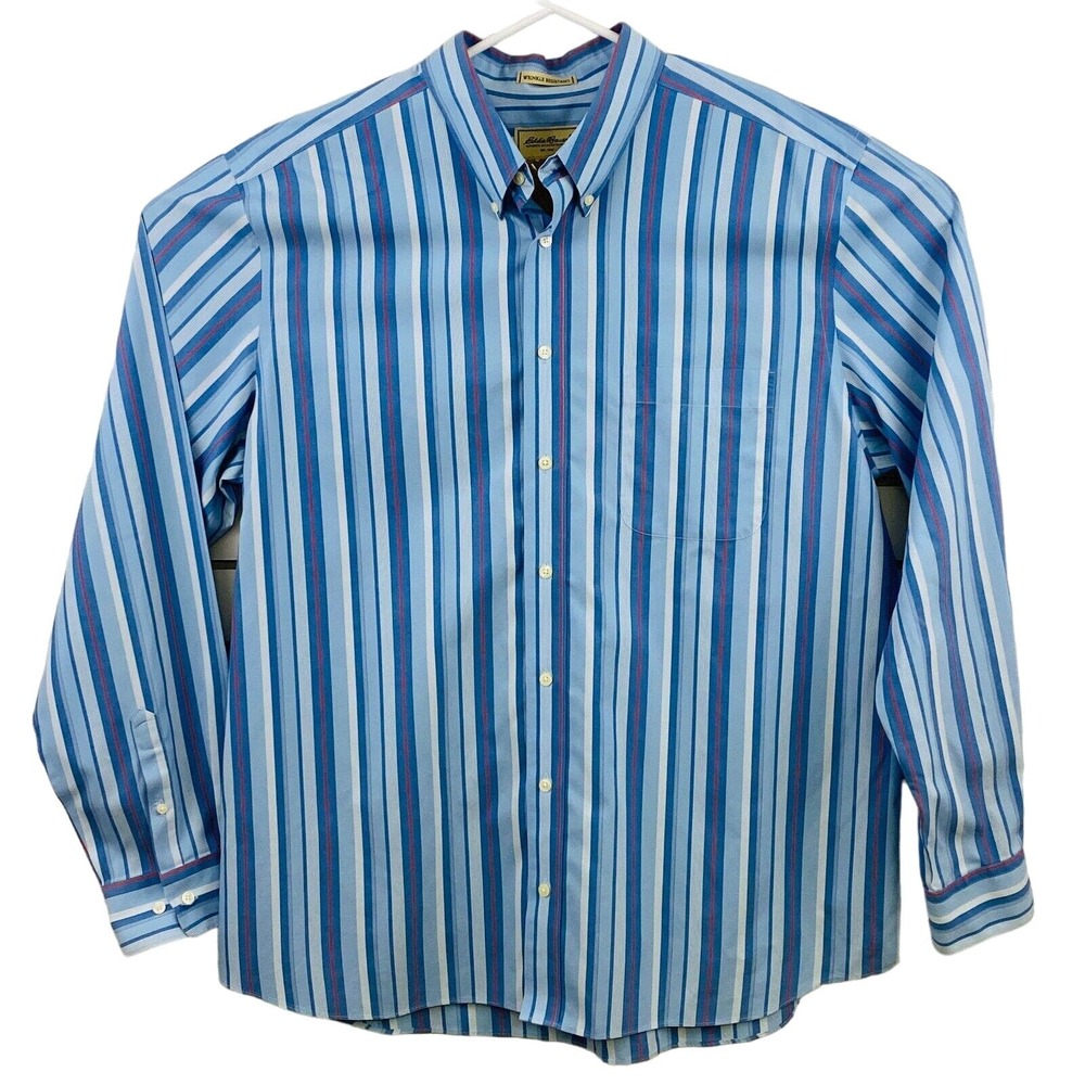 Mens XLT Eddie Bauer Shirt Blue‎ Stripe Long Sleeve Wrinkle Resistant Cotton